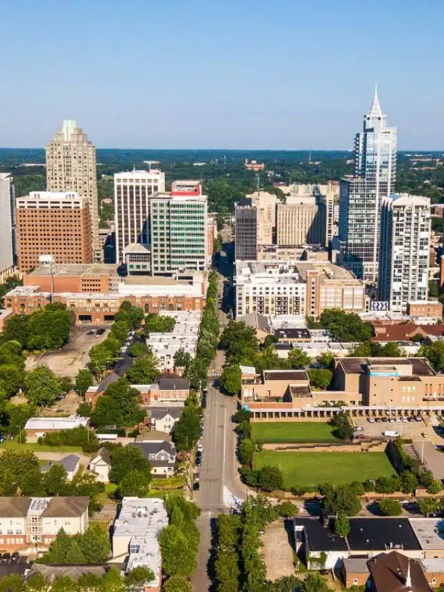 Aerial view of city buildings and surrounding streets and trees.