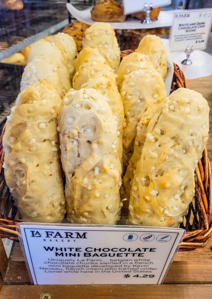 White cholocale mini baguette's at La Farm Bakery, Cary, NC