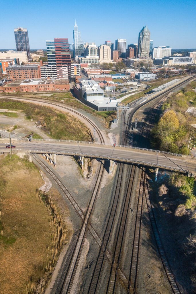aerial view of train tracks in raleigh