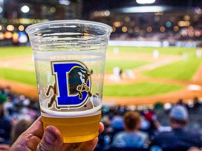 Cup of beer in plastic cup with D on it Durham Bulls baseball game