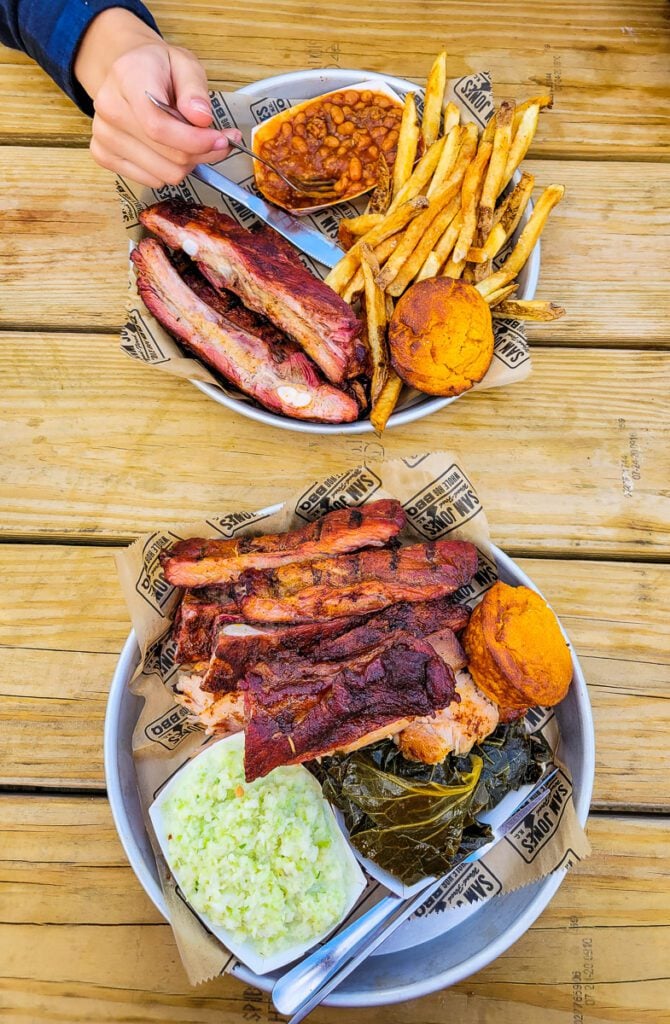 plate of bbq food on table