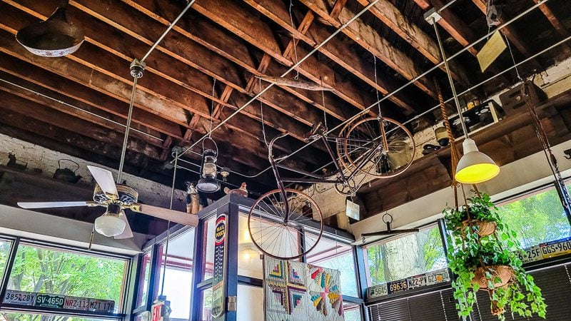 bike hanging from the ceiling