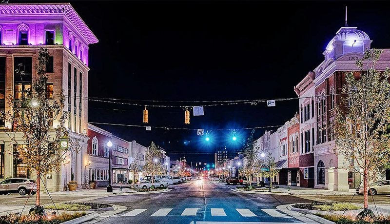 A street lit up by lights