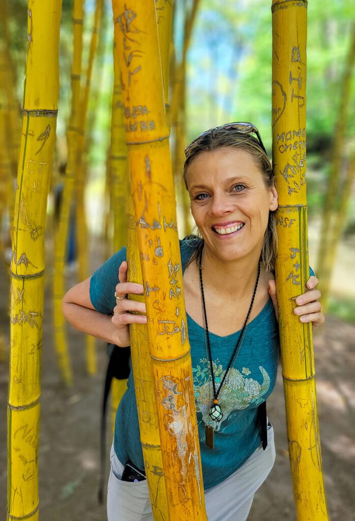 A woman poking head through bamboo