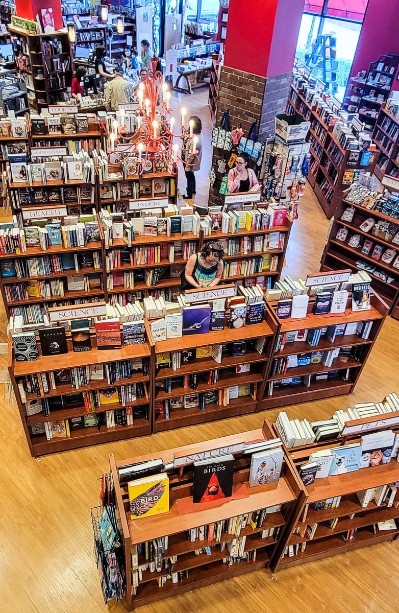 bookshelves in Quail Ridge Books, North Hills