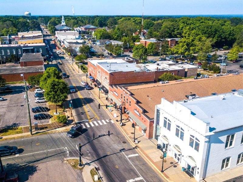 aerial view of downtown Apex, NC