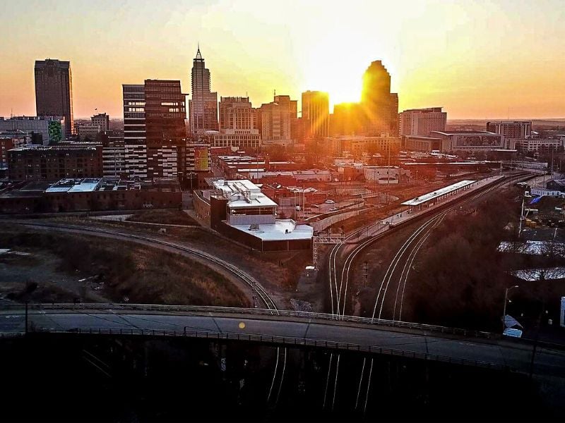 Sunrise over the city skyline in Raleigh, North Carolina