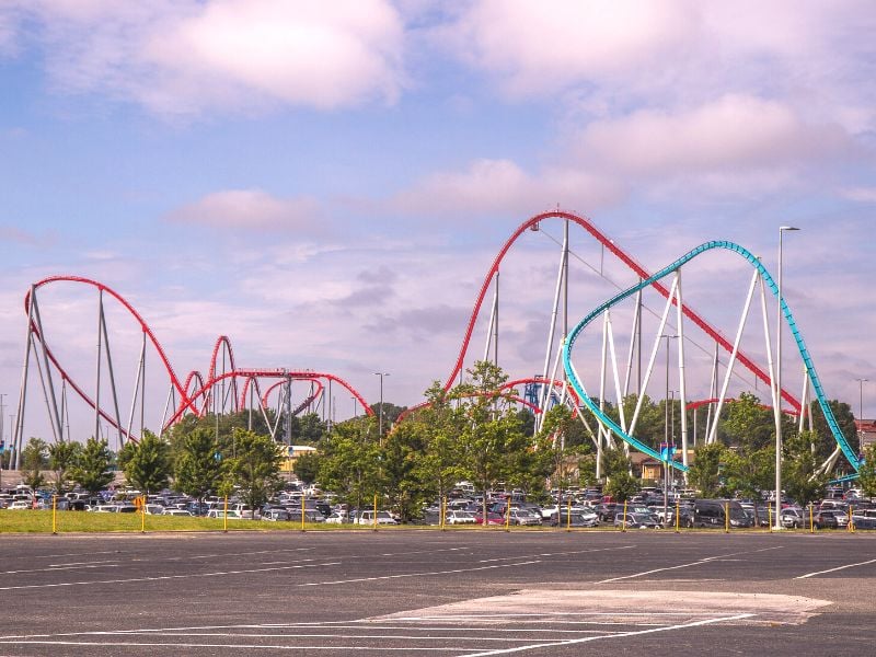 Roller coasters and parking lot at Carowinds Amusement Park