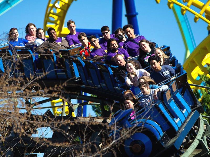 People riding a roller coaster at Carowinds, Charlotte