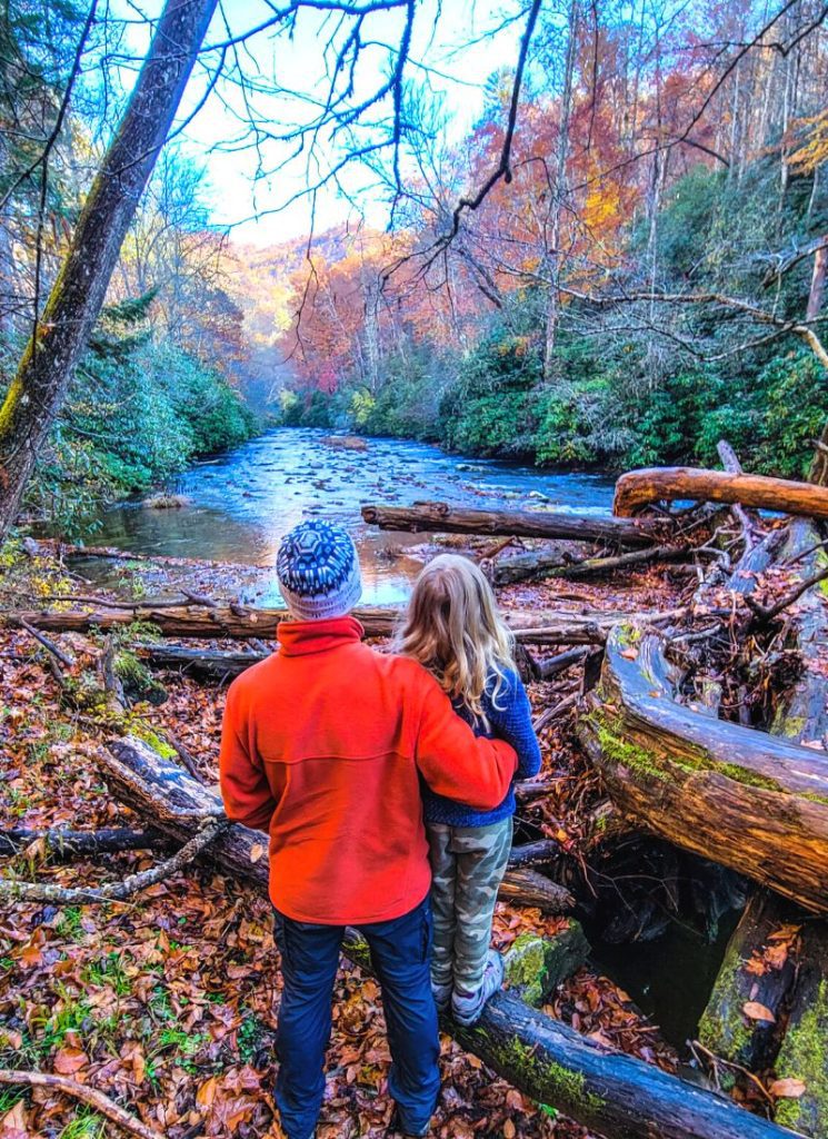 Dad and daughter admiring a creek in the Smoky Mountains