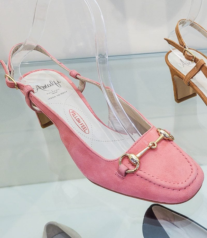 Pink shoe on display in a shoe store