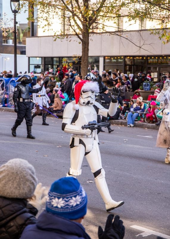 Stormtrooper costumed character in a city parade