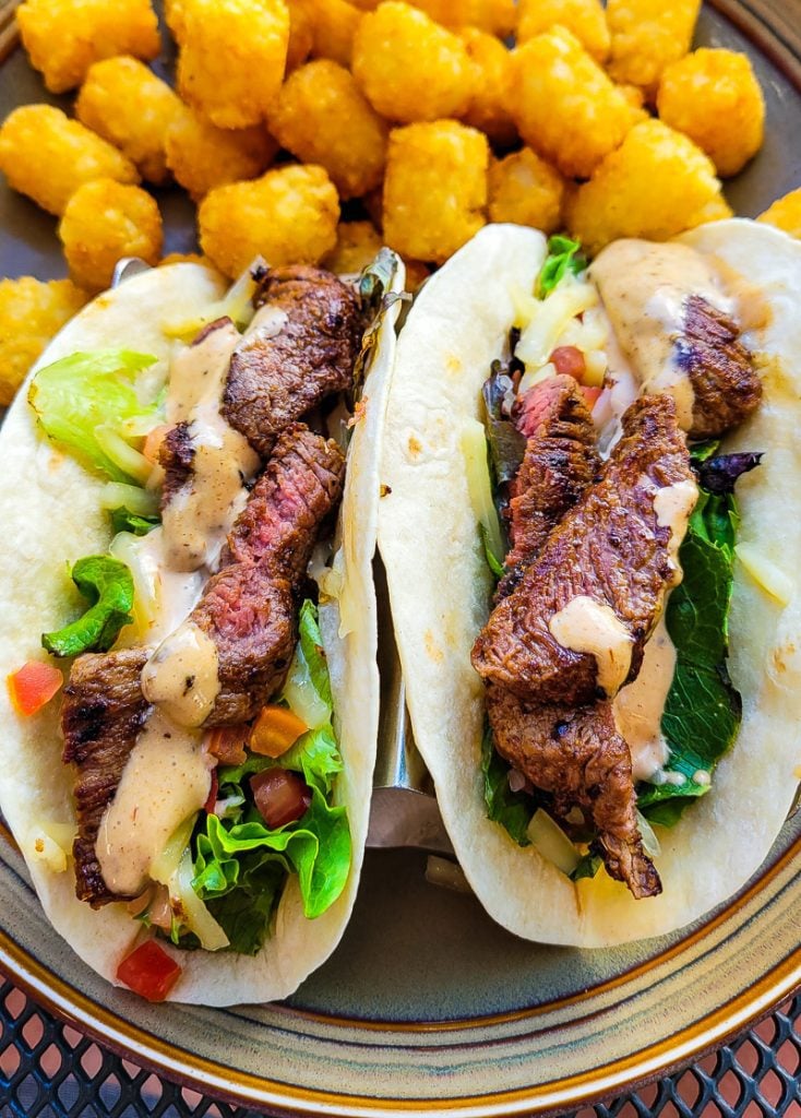 Two tacos and tater tots on a plate