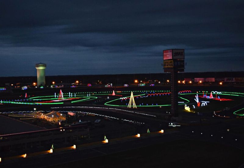 Christmas lights at a NASCAR race track