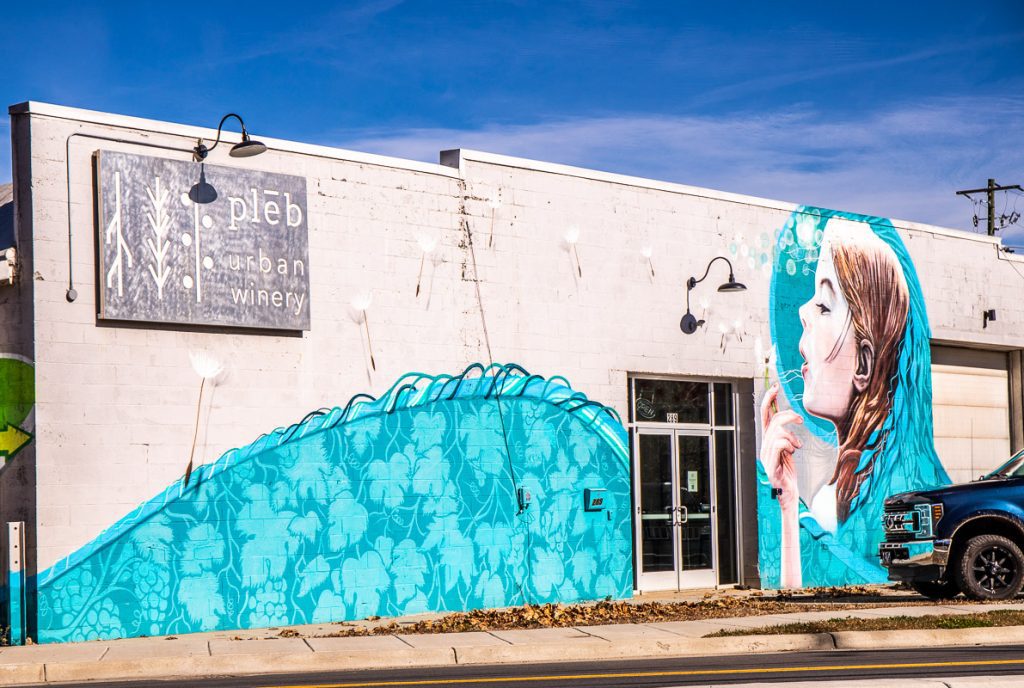 Entrance to a wine tasting brewery with a mermaid mural