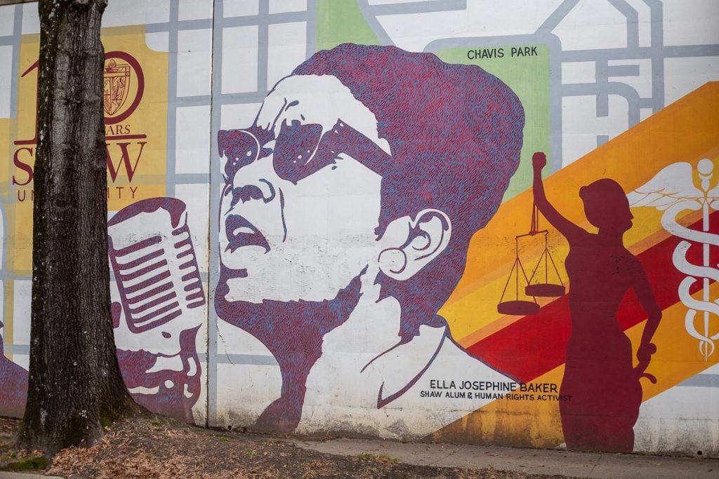 Mural on a wall next to a tree of a black woman and human rights activist