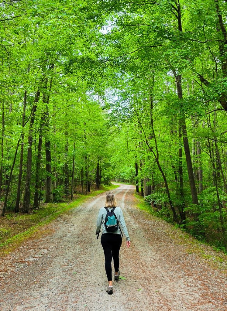 Lady walking down a trail in the woods surrounded by green trees