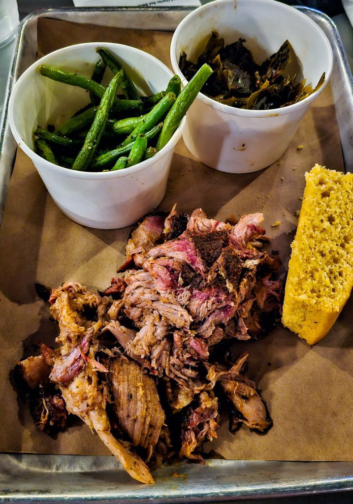 Brisket with green beans and collard greens