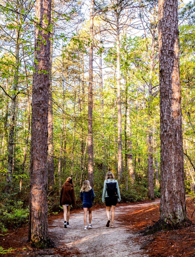 Mom and two daughters walking a trail