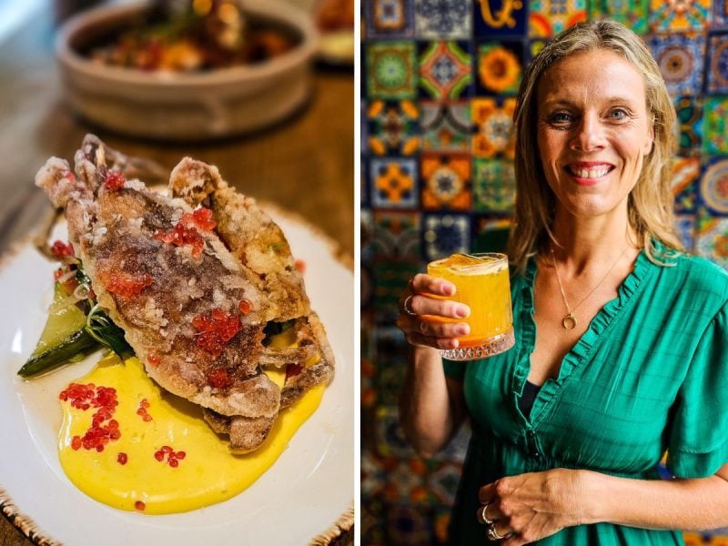 Plate of soft shell crab and a woman holding a cocktail at Las Ramblas Raleigh