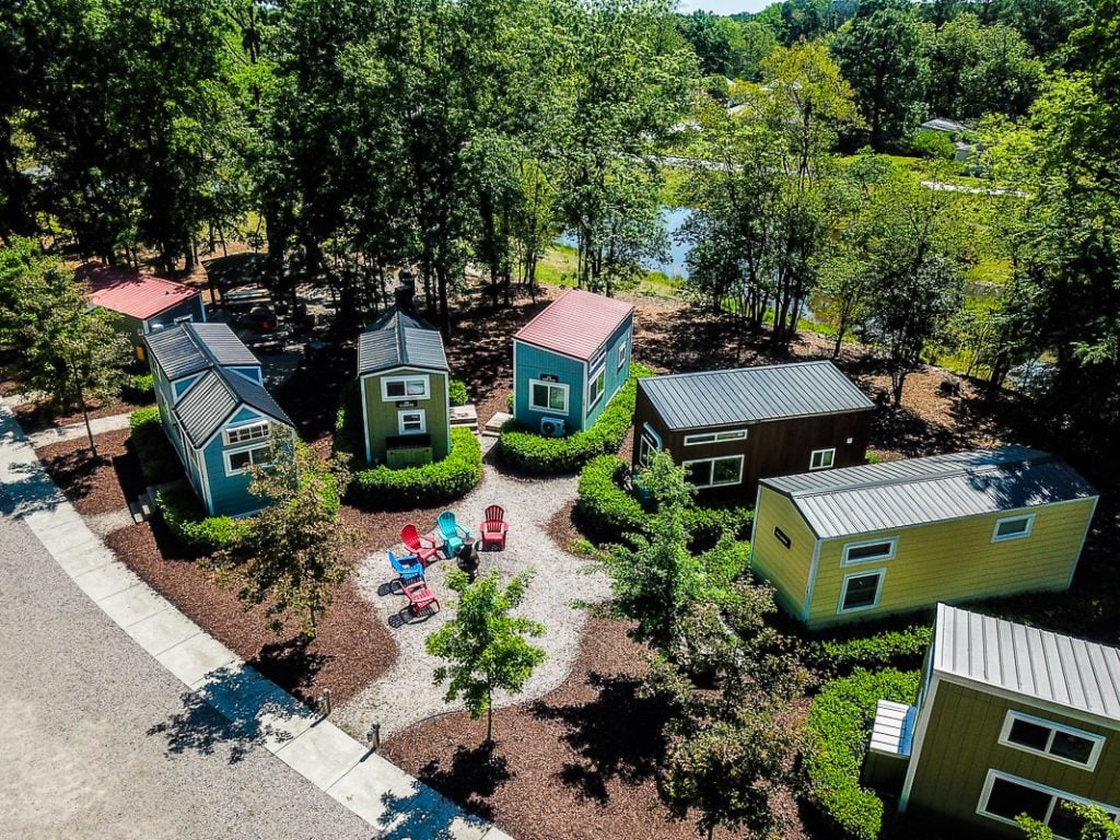 Aerial photo of a tiny home community