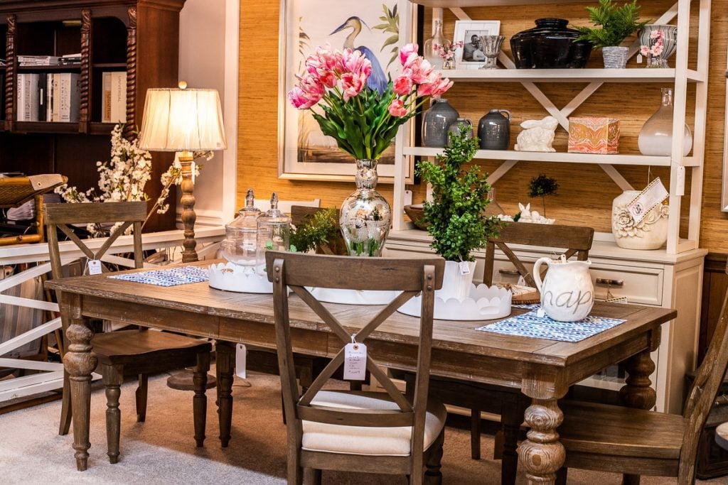 Dining table and chairs on display in a store