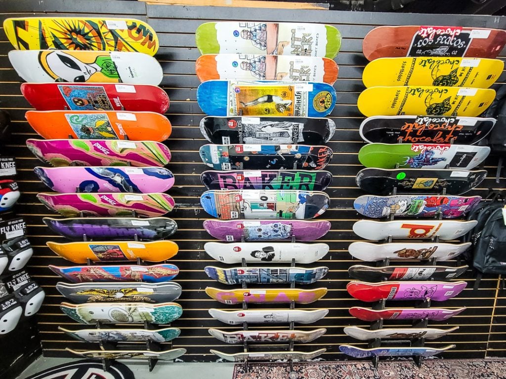 Skateboards on display in a store