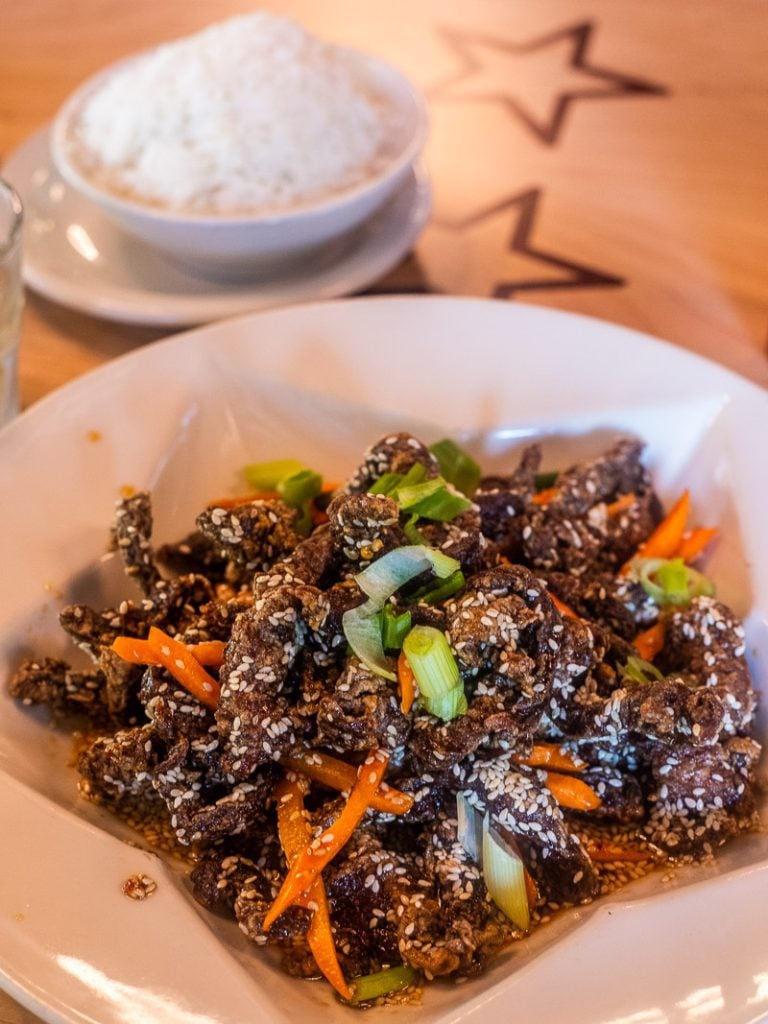 Sesame beef in a bowl