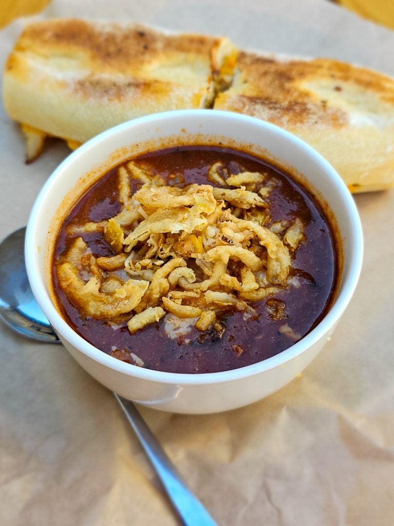 Bowl of chili and sandwich at State of Beer in Raleigh