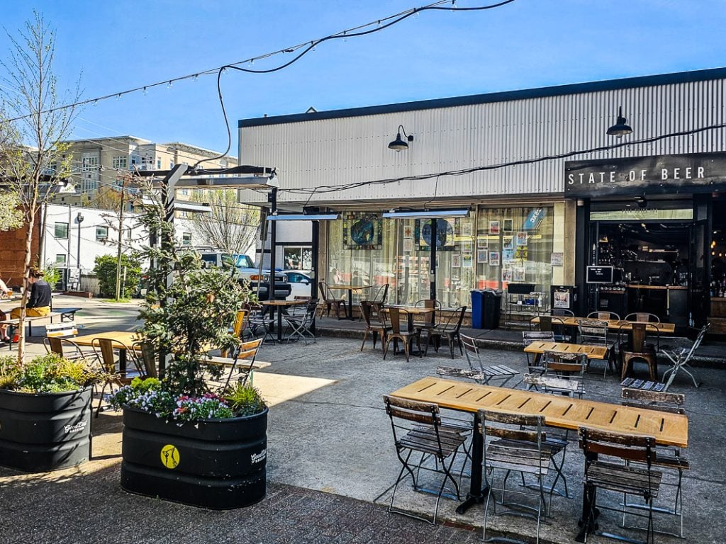 Outdoor patio with tables and chairs at a restaurant