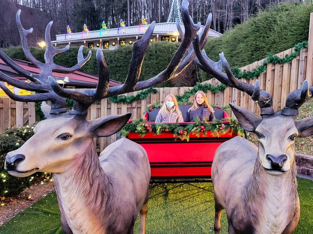 Two kids sitting in a sleigh pulled by two reindeer