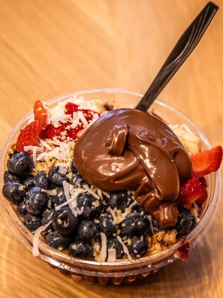 Acai bowl of granola, blueberries and nutella