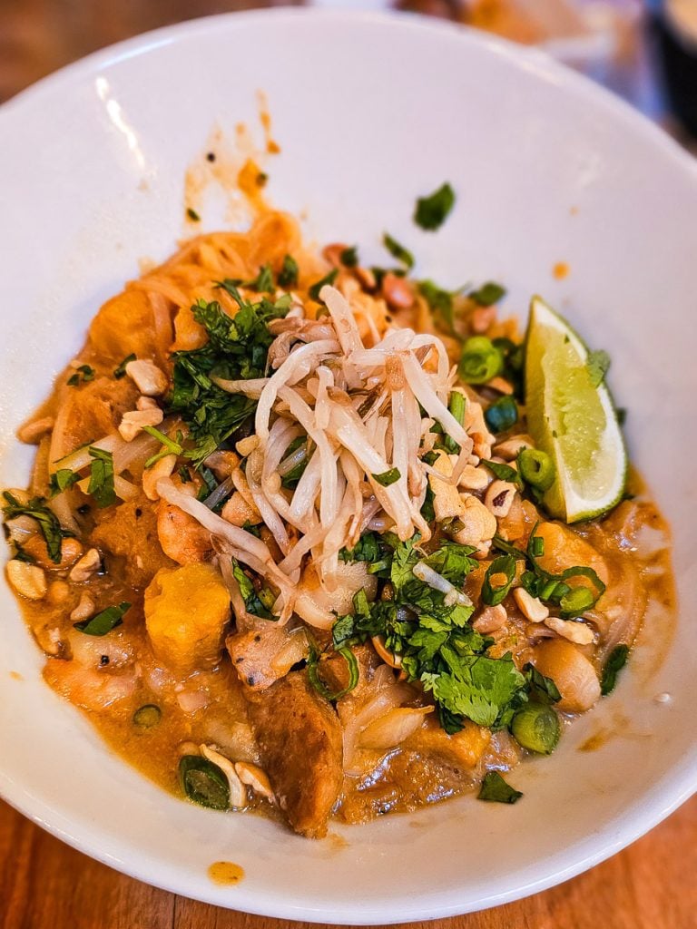 Pad thai noodle dish in a bowl