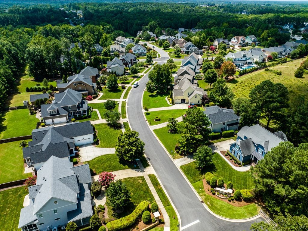 Aerial of neighborhood homes and streets