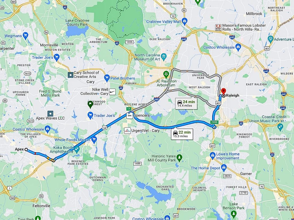 Google map showing directions from Apex to Raleigh, NC