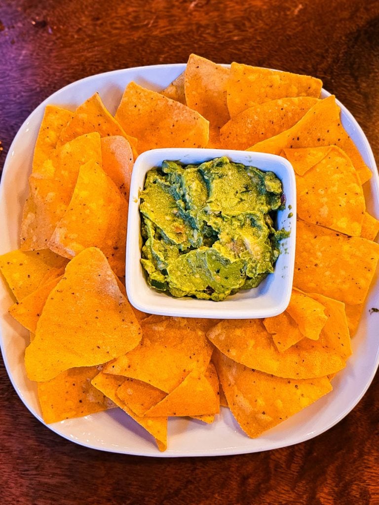 Plate of guacamole and corn chips.
