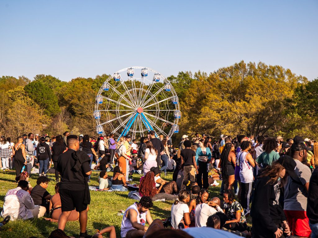 People at a music festival with a ferris wheel in the background.