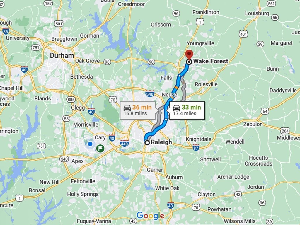Map showing the driving distance from Wake Forest to Raleigh in North Carolina.