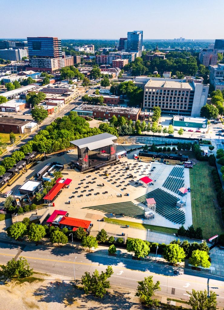 Aerial photo of an amphitheater in downtown Raleigh.