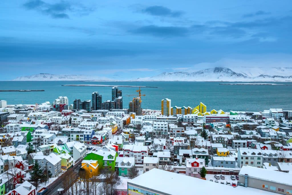 City skyline and mountains in Reykjavik, Iceland.