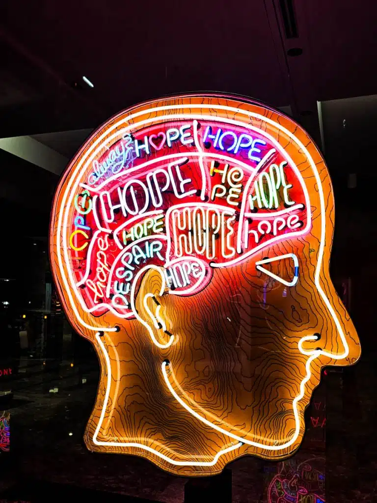 head with illuminated words written in the brain