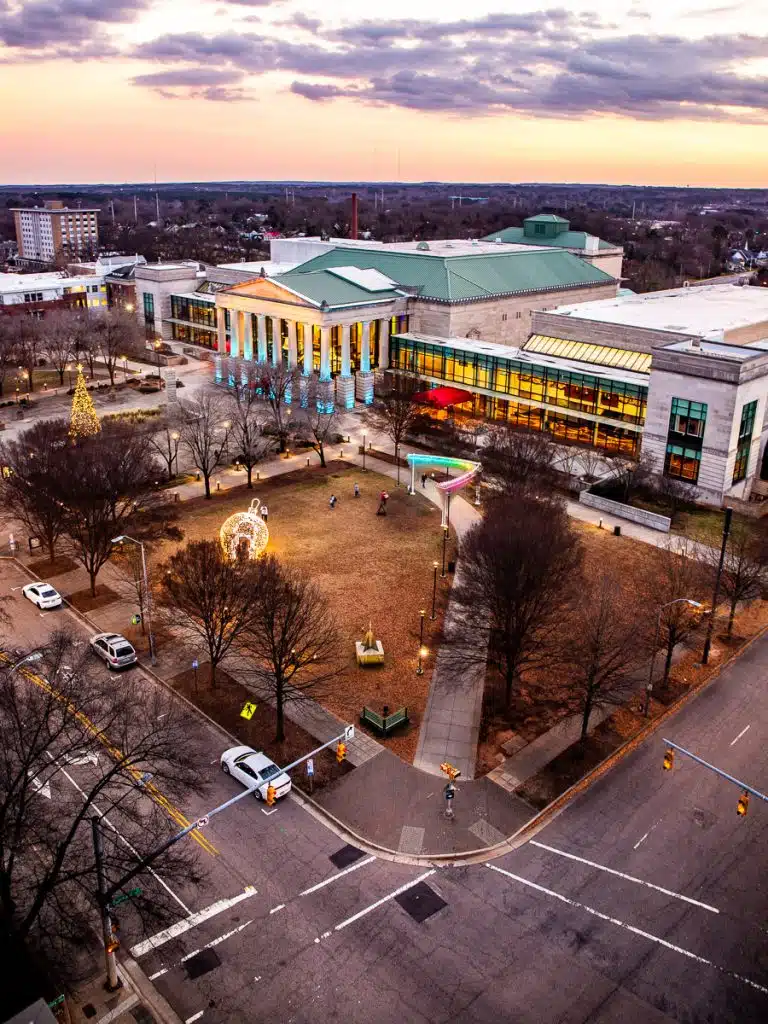 Overhead view of an arts center with streets below.