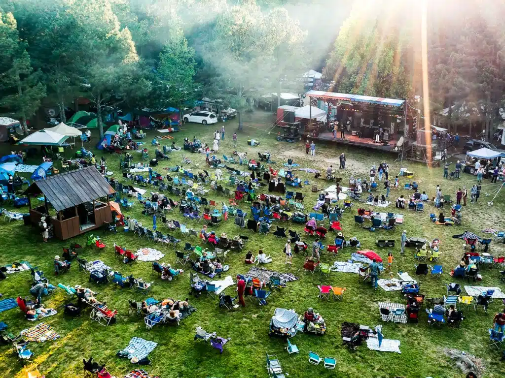 People sitting on the grass at a music festival.