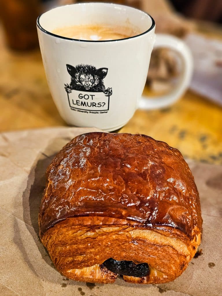 Chocolate croissant and a coffee.