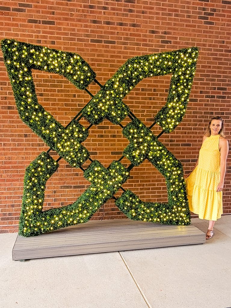 Woman standing next to a light installation.