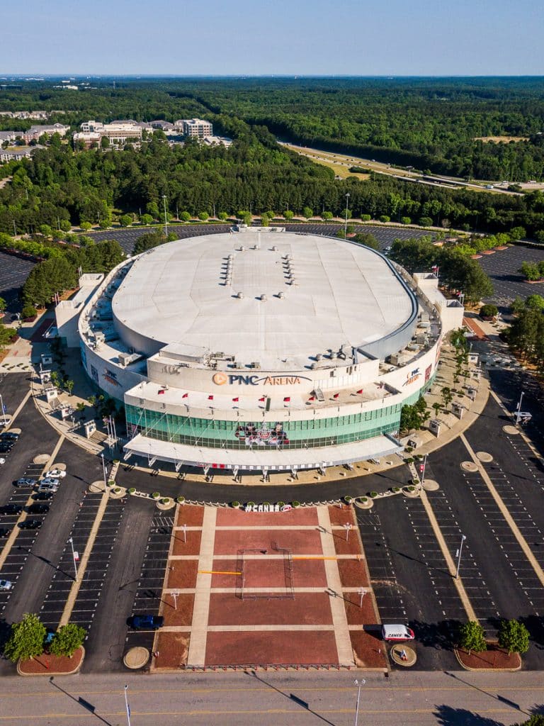 Aerial photo of an indoor hockey arena, PNC Arena in Raleigh, NC