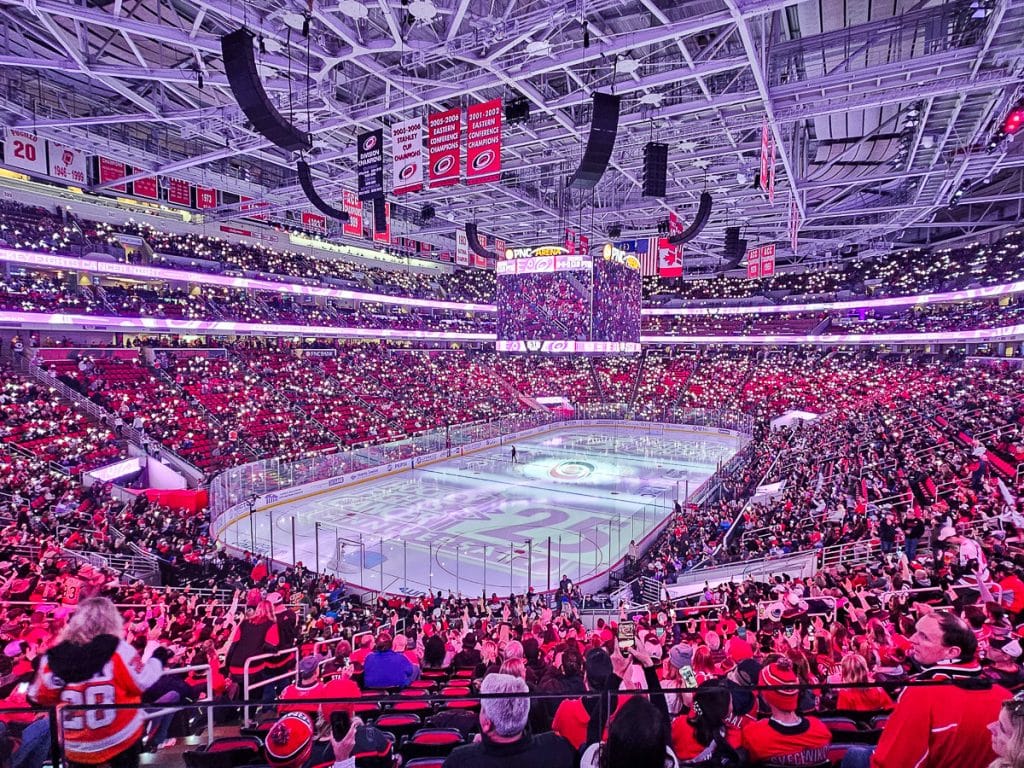 Fans inside a hockey arena.