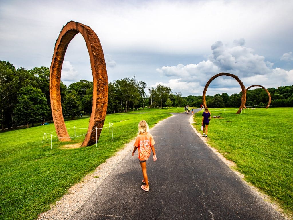 3 large rings as an outdoor art installation.