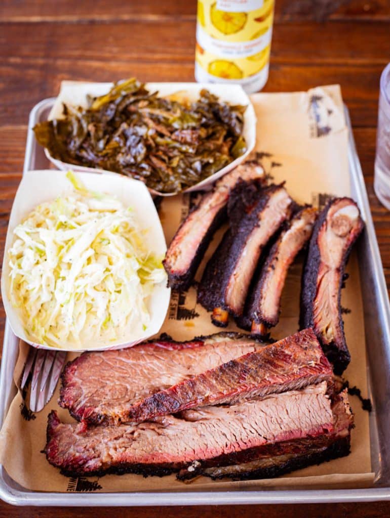 plate of bbq brisket and ribs