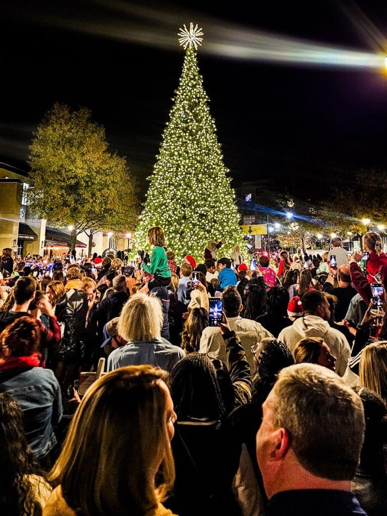 People gathered around a Christmas tree.